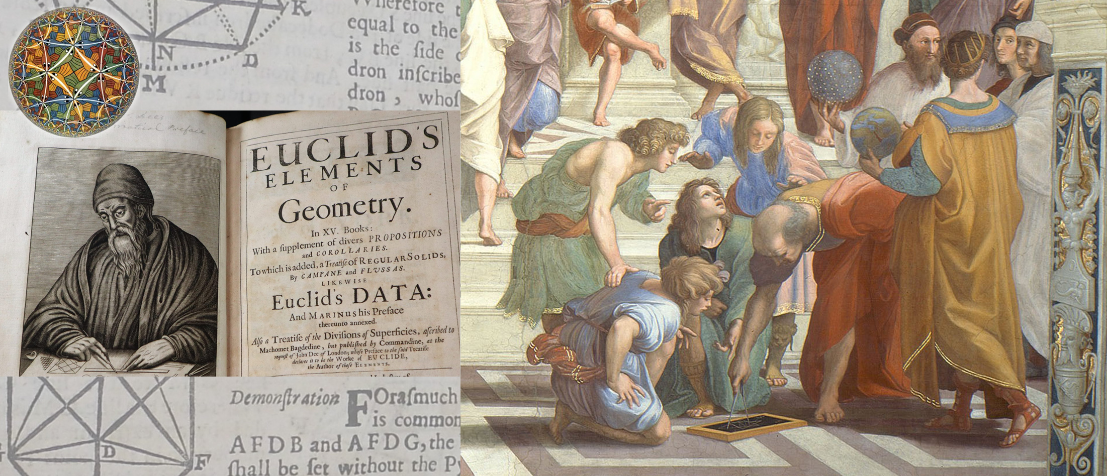 Geometry illustration: Escher cutting, Euclid's geometry, detail from "School of Athens" by Raphael